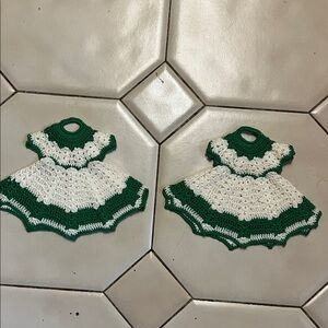 Vintage Green & White Crochet Dress Pot Holders